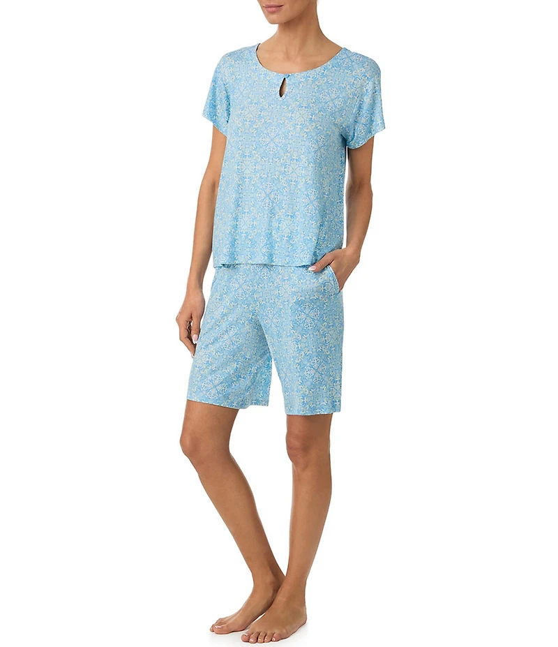 Tommy Bahama Short Sleeve Round Keyhole Neck Jersey Knit Tile Print Bermuda Set