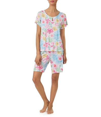 Tommy Bahama Short Sleeve Round Keyhole Neck Jersey Knit Tropical Floral Print Bermuda Set
