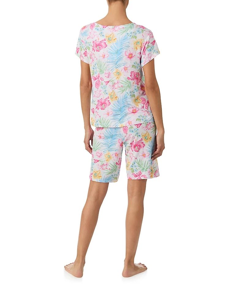Tommy Bahama Short Sleeve Round Keyhole Neck Jersey Knit Tropical Floral Print Bermuda Set