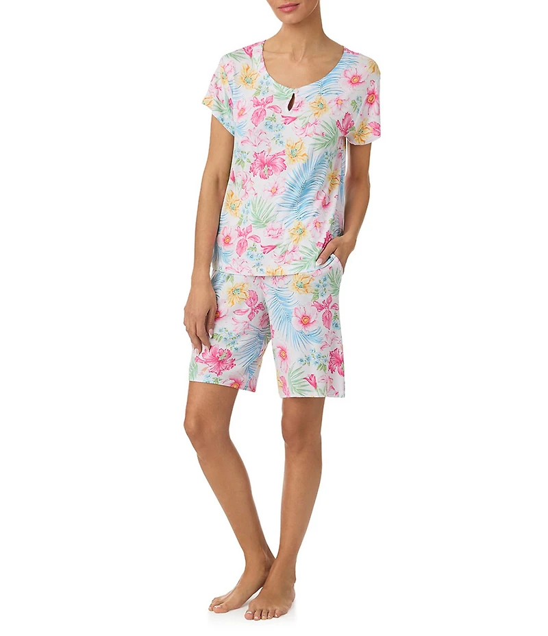 Tommy Bahama Short Sleeve Round Keyhole Neck Jersey Knit Tropical Floral Print Bermuda Set