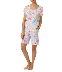 Tommy Bahama Short Sleeve Round Keyhole Neck Jersey Knit Tropical Floral Print Bermuda Set