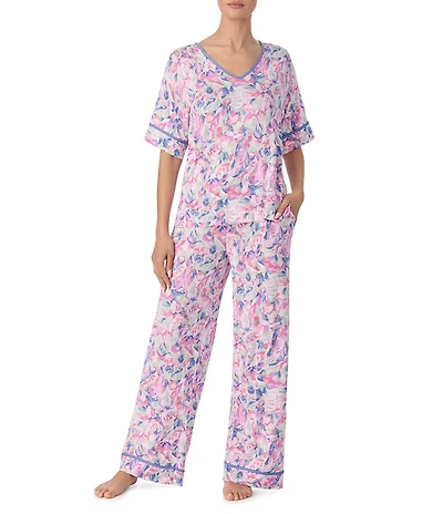 Tommy Bahama Short Sleeve V-Neck Jersey Knit Long Floral Print Pajama Set