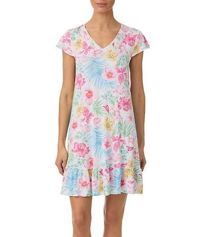 Tommy Bahama Short Sleeve V-Neck Jersey Knit Short Tropical Floral Print Print Nightgown