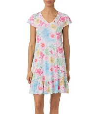 Tommy Bahama Short Sleeve V-Neck Jersey Knit Short Tropical Floral Print Print Nightgown
