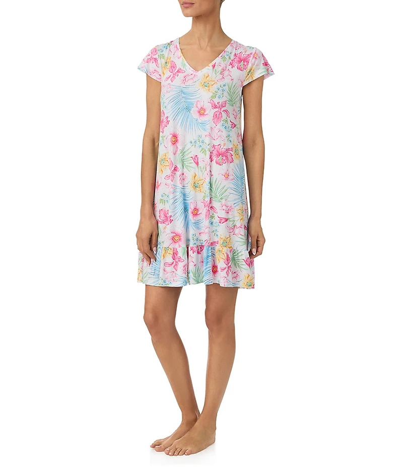 Tommy Bahama Short Sleeve V-Neck Jersey Knit Short Tropical Floral Print Print Nightgown