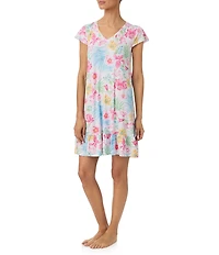 Tommy Bahama Short Sleeve V-Neck Jersey Knit Short Tropical Floral Print Print Nightgown