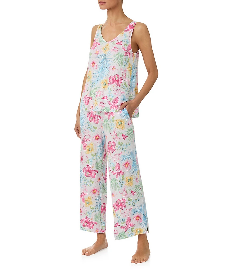 Tommy Bahama Sleeveless V-Neck Jersey Knit Floral Print Cropped Pajama Set