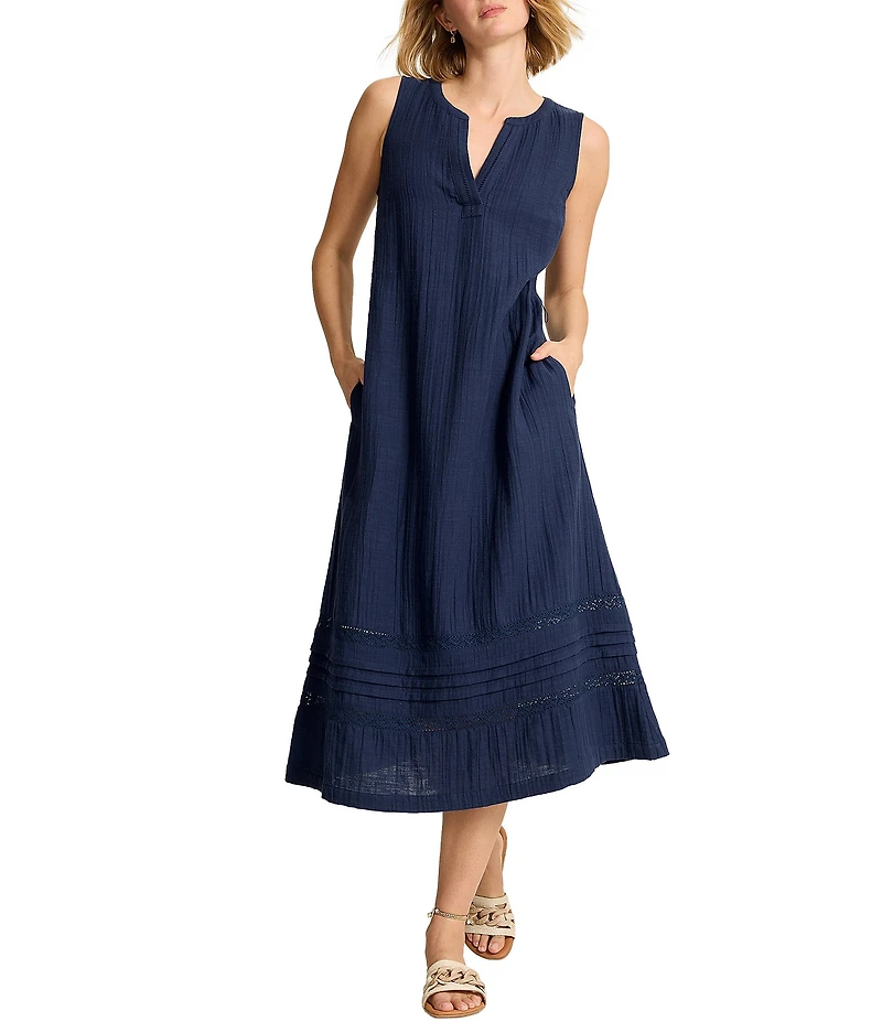 Tommy Bahama Slub Gauze V-Neck Sleeveless Tiered A-Line Midi Dress