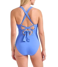 Tommy Bahama Solid Novelty Pearl V-Neck Tummy Control One Piece Swimsuit