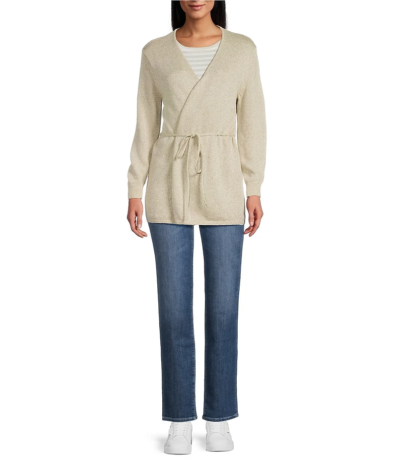 Tommy Bahama Solstice Bay Organic Cotton Blend Metallic Shimmer Knit Tie Front Cardigan