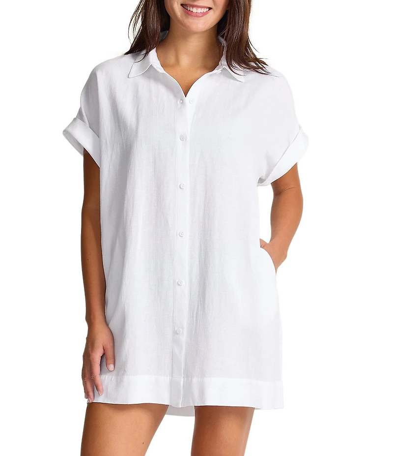 Tommy Bahama St. Lucia Linen Blend Short Sleeve Boyfriend Button Front Shirt Swim Cover-Up