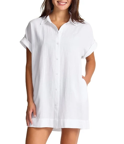 Tommy Bahama St. Lucia Linen Blend Short Sleeve Boyfriend Button Front Shirt Swim Cover-Up