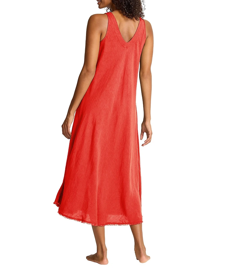 Tommy Bahama St. Lucia Solid Linen Blend V-Neck Sleeveless Bias Cut Tank Midi Dress Swim Cover-Up