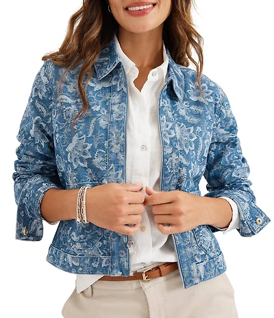 Tommy Bahama Stretch Jacquard Denim Floral Print Point Collar Long Sleeve Jacket