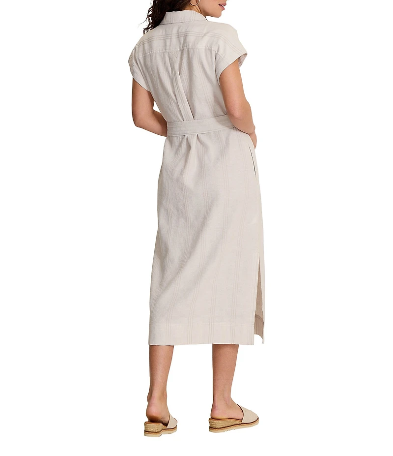 Tommy Bahama Summer Isle Yarn Dye Stripe Point Collar Cap Sleeve Button Front Midi Shirt Dress