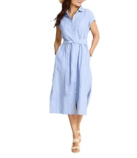 Tommy Bahama Summer Isle Yarn Dye Stripe Point Collar Cap Sleeve Button Front Midi Shirt Dress