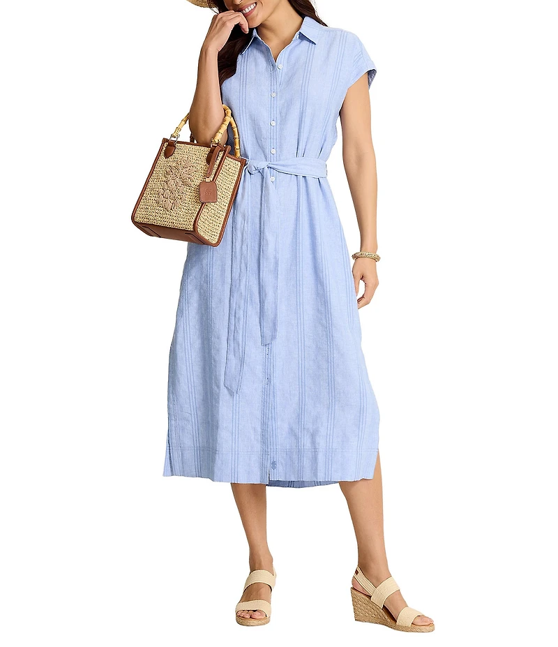 Tommy Bahama Summer Isle Yarn Dye Stripe Point Collar Cap Sleeve Button Front Midi Shirt Dress