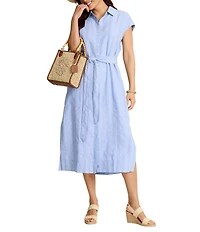 Tommy Bahama Summer Isle Yarn Dye Stripe Point Collar Cap Sleeve Button Front Midi Shirt Dress