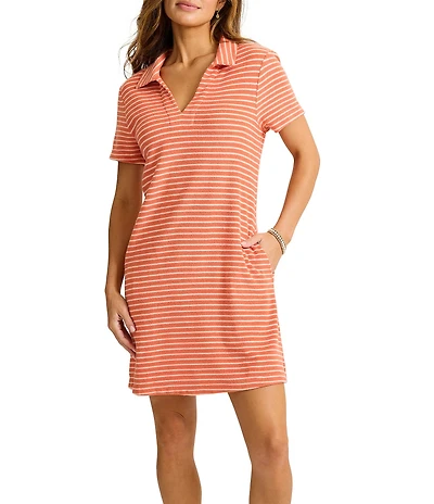 Tommy Bahama Suncoast Loop Terry Stripe Polo Collar Short Sleeve Shift Dress