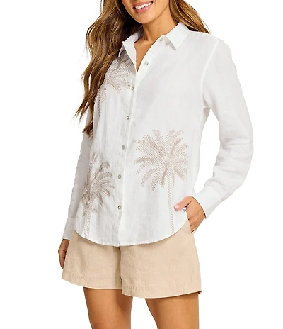 Tommy Bahama Sunny Palms Coastalina Linen Palm Tree Embroidered Point Collar Long Sleeve Button-Front Shirt