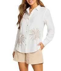 Tommy Bahama Sunny Palms Coastalina Linen Palm Tree Embroidered Point Collar Long Sleeve Button-Front Shirt