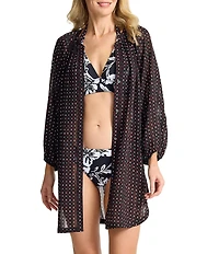 Tommy Bahama Sunset Blooms Dot Print 3/4 Sleeves Button Front Tunic Swim Cover-Up