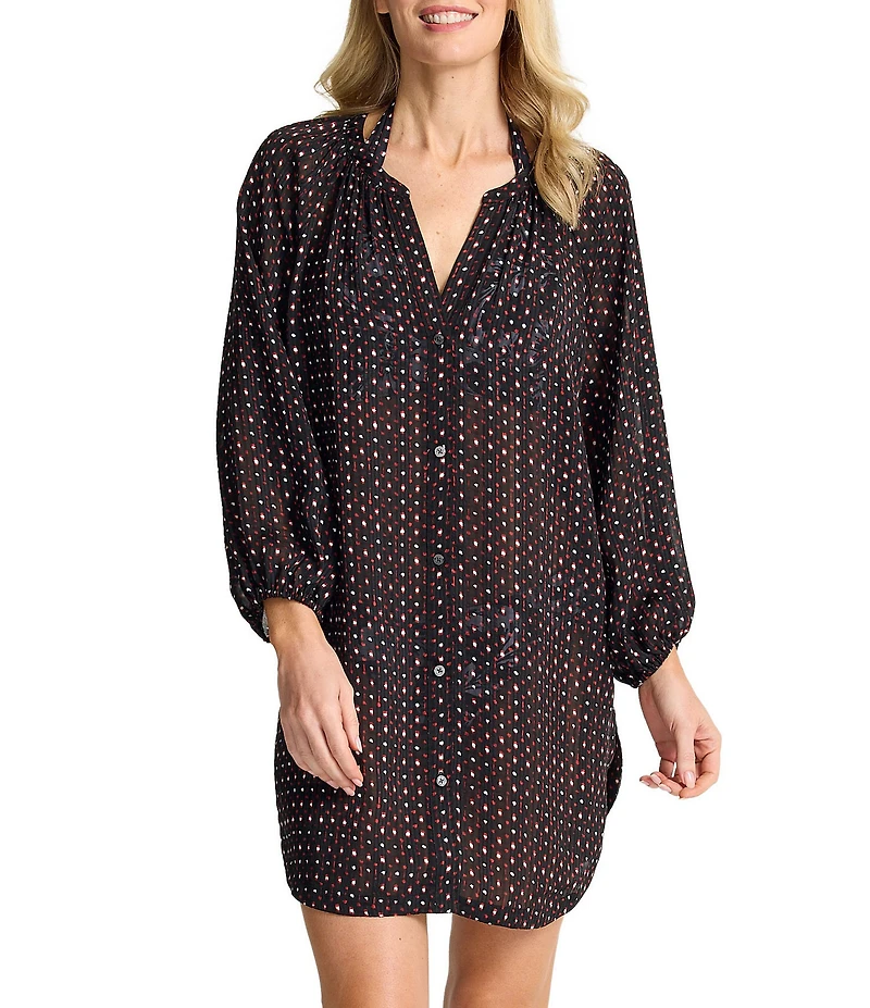 Tommy Bahama Sunset Blooms Dot Print 3/4 Sleeves Button Front Tunic Swim Cover-Up