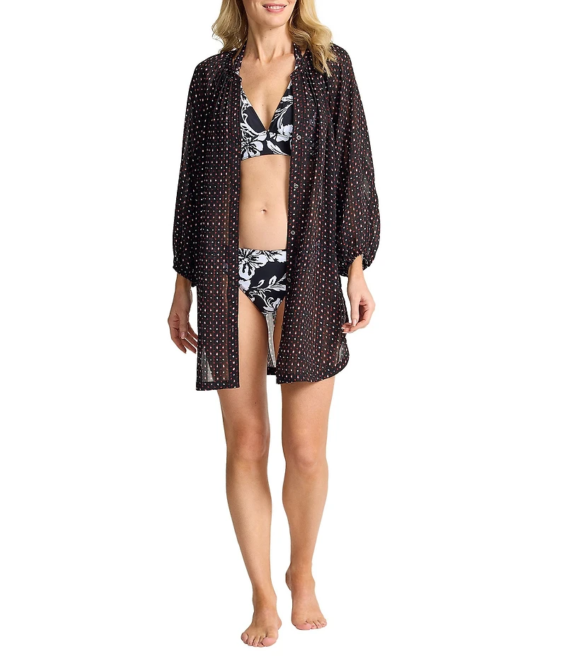 Tommy Bahama Sunset Blooms Dot Print 3/4 Sleeves Button Front Tunic Swim Cover-Up