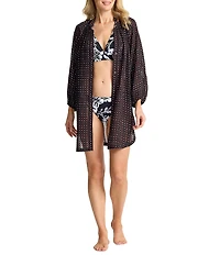 Tommy Bahama Sunset Blooms Dot Print 3/4 Sleeves Button Front Tunic Swim Cover-Up