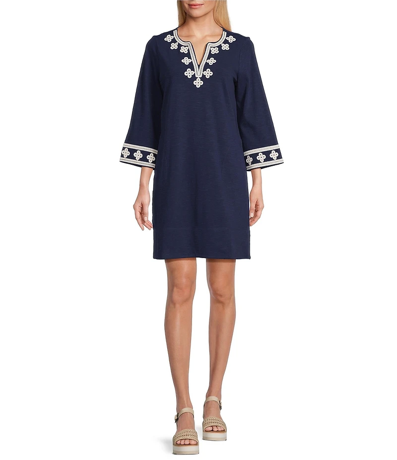 Tommy Bahama Sunset Harbor Cotton Embroidered V-Neck 3/4 Sleeve Shift Dress