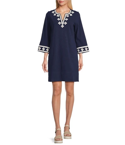 Tommy Bahama Sunset Harbor Cotton Embroidered V-Neck 3/4 Sleeve Shift Dress