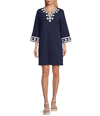 Tommy Bahama Sunset Harbor Cotton Embroidered V-Neck 3/4 Sleeve Shift Dress