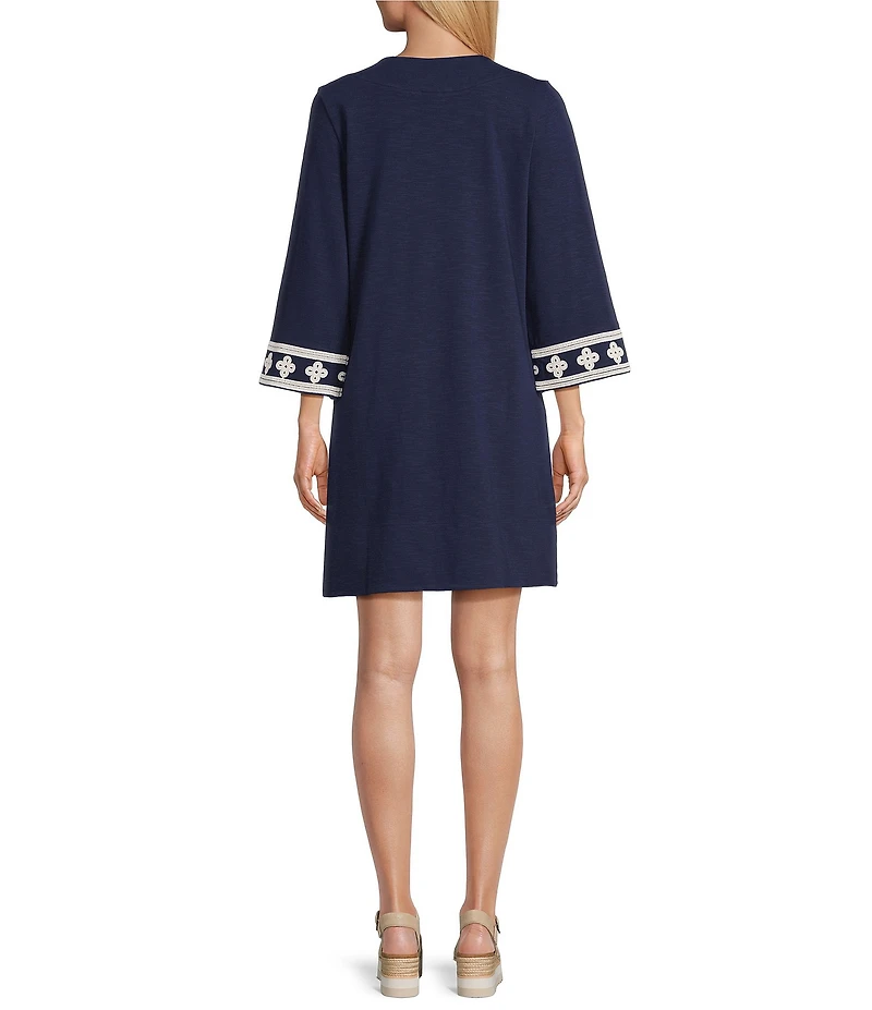 Tommy Bahama Sunset Harbor Cotton Embroidered V-Neck 3/4 Sleeve Shift Dress