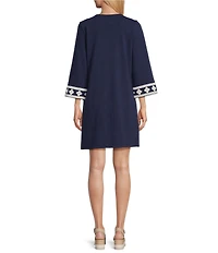 Tommy Bahama Sunset Harbor Cotton Embroidered V-Neck 3/4 Sleeve Shift Dress