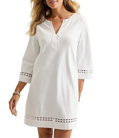 Tommy Bahama Sunset Harbor Solid Cotton Slub Jersey Split V-Neck Bell Sleeves Embroidered Trim A-Line Dress