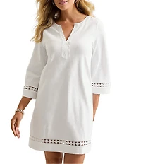 Tommy Bahama Sunset Harbor Solid Cotton Slub Jersey Split V-Neck Bell Sleeves Embroidered Trim A-Line Dress