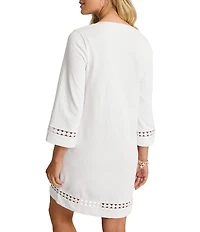 Tommy Bahama Sunset Harbor Solid Cotton Slub Jersey Split V-Neck Bell Sleeves Embroidered Trim A-Line Dress