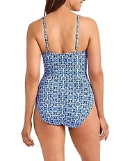 Tommy Bahama Terrazzo Tile V-Neck Tie Beaded Tassel Tummy Control One Piece Swimsuit
