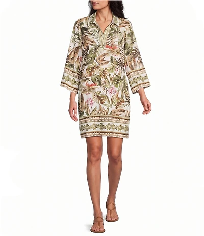 Tommy Bahama Tropical Fuji Hidden Coast Silk Johnny Collar 3/4 Bell Sleeve Shift Dress