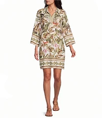 Tommy Bahama Tropical Fuji Hidden Coast Silk Johnny Collar 3/4 Bell Sleeve Shift Dress