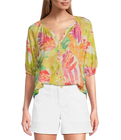 Tommy Bahama Tropicana Isle Printed Woven Split V-Neck Short Puff Sleeves Top