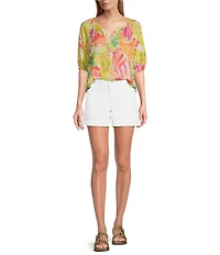 Tommy Bahama Tropicana Isle Printed Woven Split V-Neck Short Puff Sleeves Top