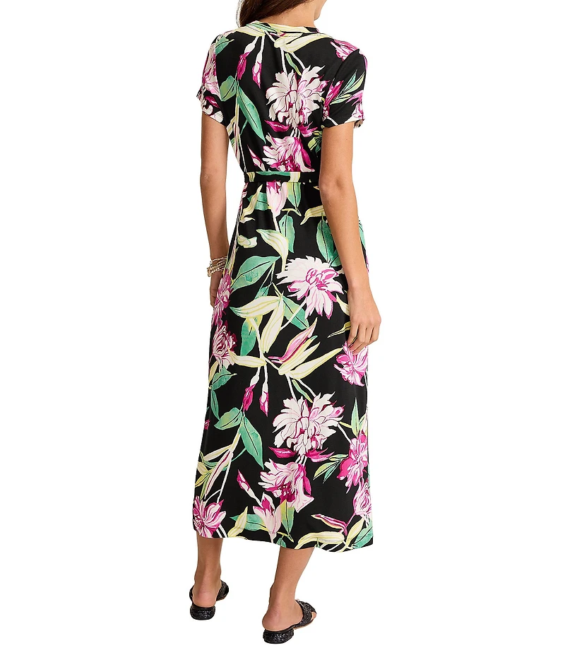 Tommy Bahama Twilight Bloom Ponte Floral Crew Neck Short Sleeve Belted Midi Dress