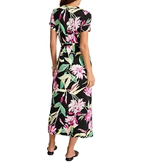 Tommy Bahama Twilight Bloom Ponte Floral Crew Neck Short Sleeve Belted Midi Dress