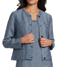 Tommy Bahama Two Palms Fringe Patch Pocket Linen Crew Neck Long Sleeve Button Front Jacket