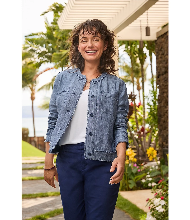 Tommy Bahama Two Palms Fringe Patch Pocket Linen Crew Neck Long Sleeve Button Front Jacket