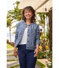 Tommy Bahama Two Palms Fringe Patch Pocket Linen Crew Neck Long Sleeve Button Front Jacket