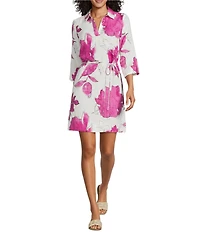 Tommy Bahama Two Palms Gilded FLoral Petals Linen Point Collar 3/4 Sleeve Shift Dress