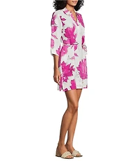 Tommy Bahama Two Palms Gilded FLoral Petals Linen Point Collar 3/4 Sleeve Shift Dress