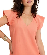 Tommy Bahama Two Palms Linen V-Neck Flutter Sleeve Fringe Shift Dress